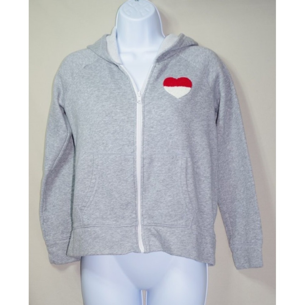 Old Navy Girls XL 14 Gray Heart Patch Full Zip Fleece Hoodie Sweatshirt